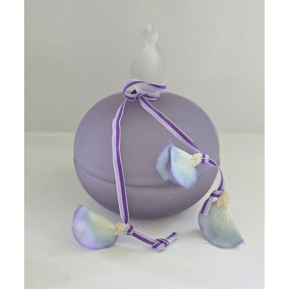 Lavender Frosted‎ Glass Trinket Bowl with Petal Ribbon Lid Round Jewelry Box
